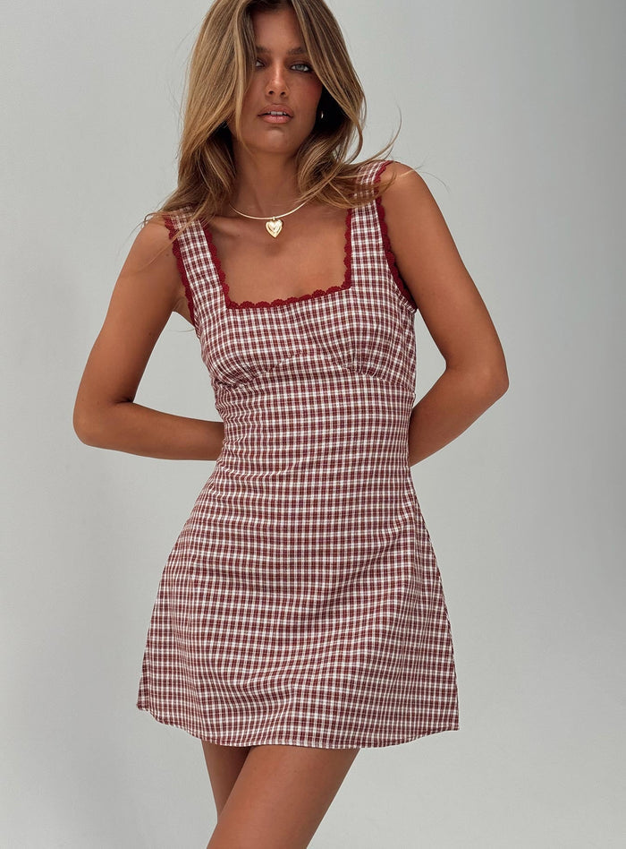 front view of model wearing Princess Polly Dasha Mini Dress Red Check Square Neck