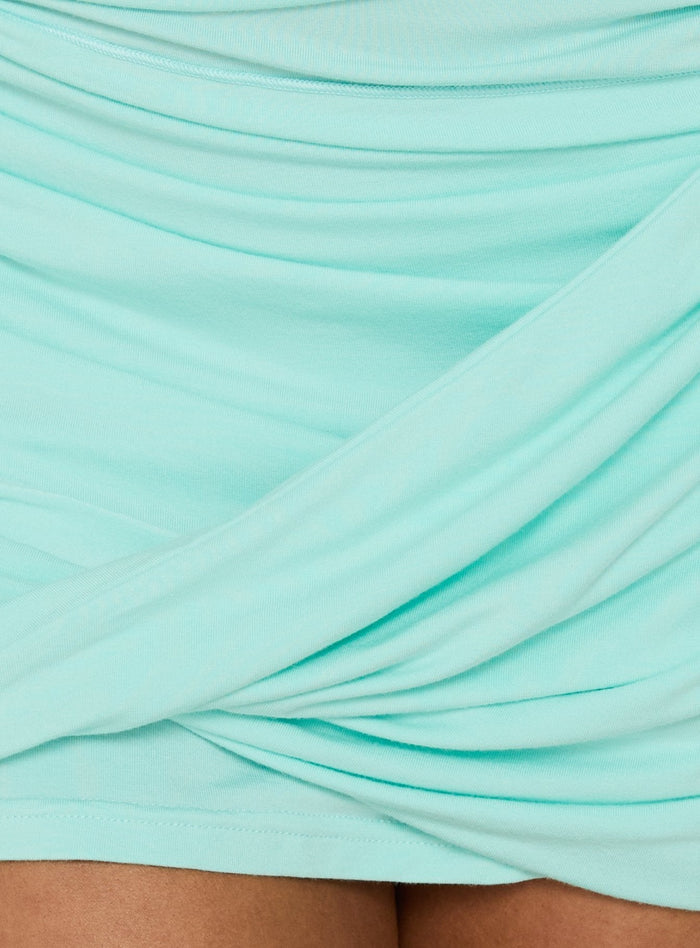 Designed with ruched texture the Dawn Light Asymmetric Layered Mini Skirt in aqua womens-skirts Princess Polly