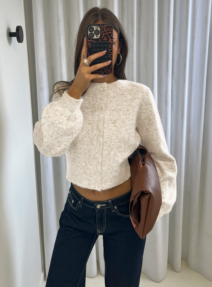 front view of model wearing Princess Polly Dawsen Button Down Cardigan Cream cropped