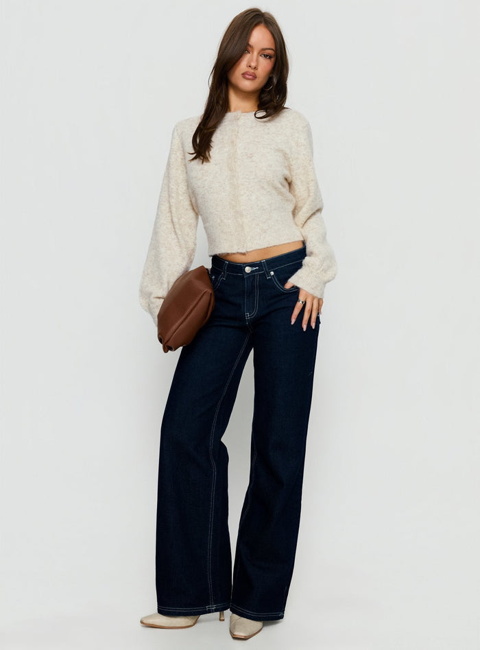 front view of model wearing Princess Polly Dawsen Button Down Cardigan Cream cropped