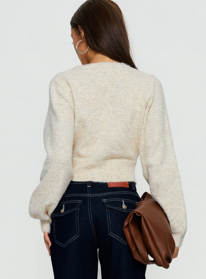 back view of model wearing Princess Polly Dawsen Button Down Cardigan Cream cropped