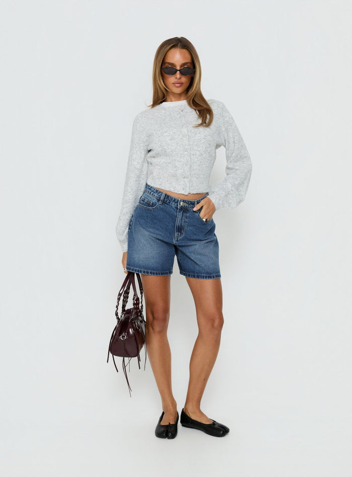 front view of model wearing Princess Polly Dawsen Button Down Cardigan Grey cropped Jumpers