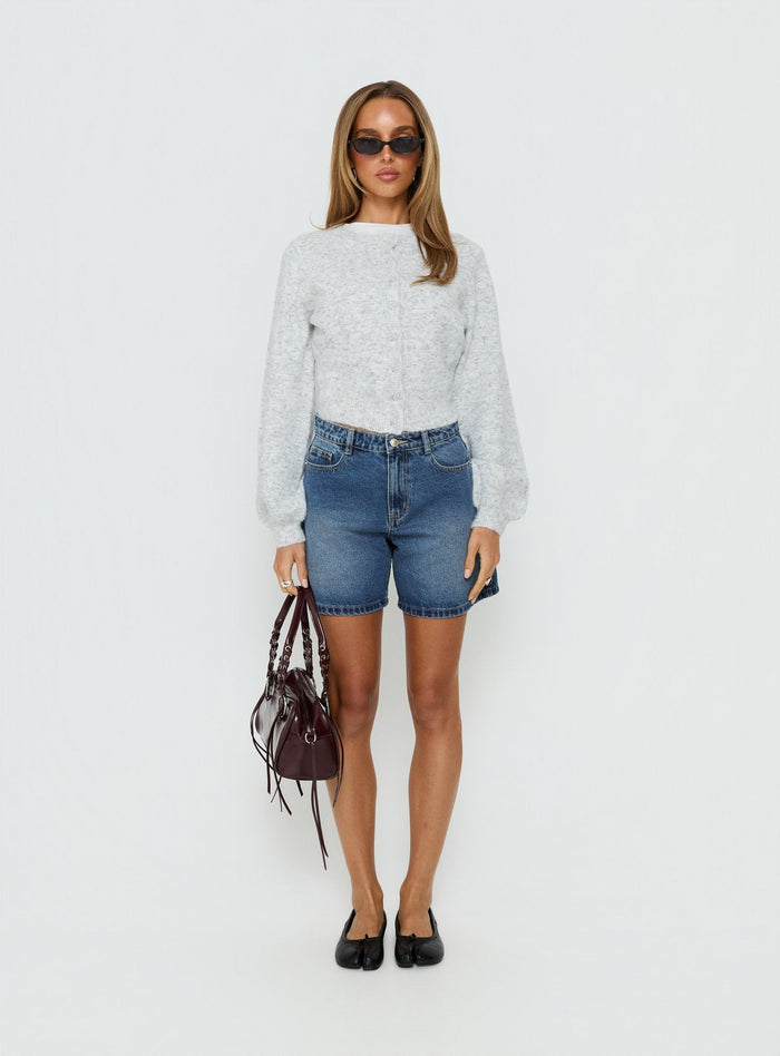 side view of model wearing Princess Polly Dawsen Button Down Cardigan Grey cropped Jumpers