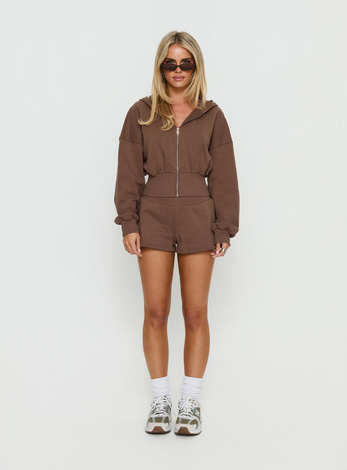 front view of model wearing Princess Polly Daytime Cropped Blouson Hoodie Cocoa