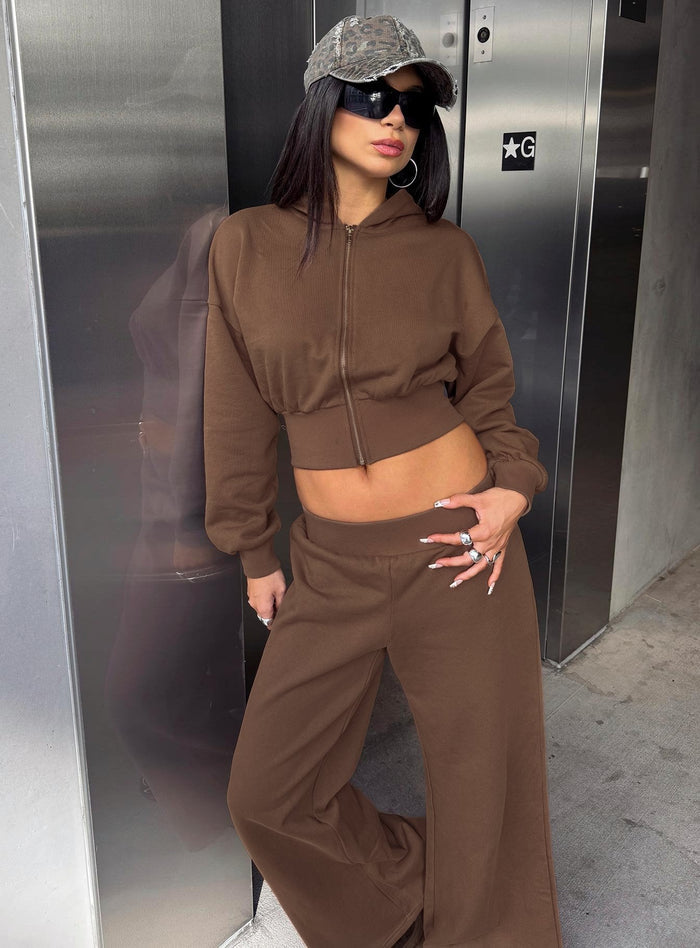 side view of model wearing Princess Polly Daytime Cropped Blouson Hoodie Cocoa