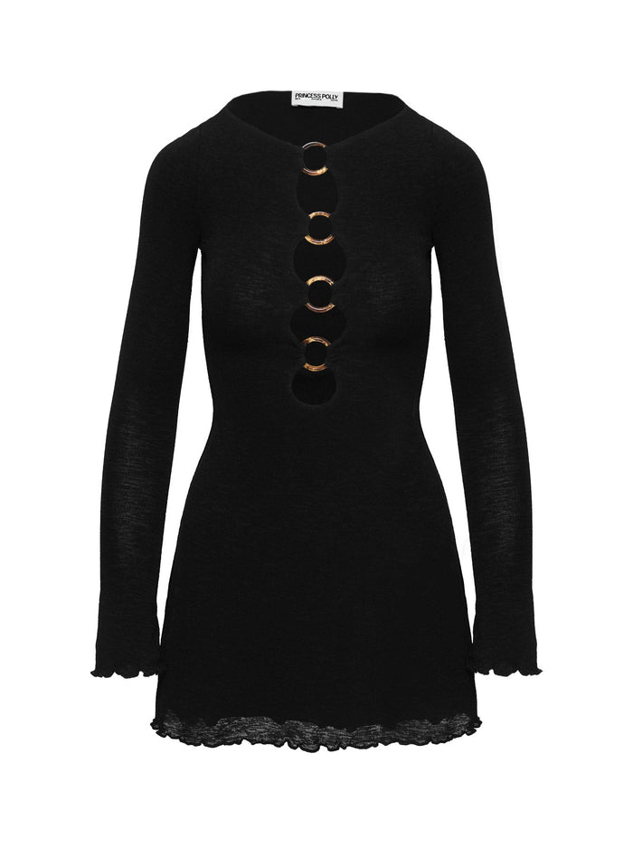 back view of model wearing Princess Polly Dejonge Ring Mini Dress Black Crew Neck
