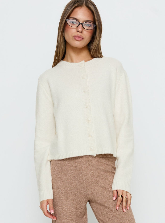 front view of model wearing Princess Polly Denmark Cardigan White Cropped Jumpers Jumpers