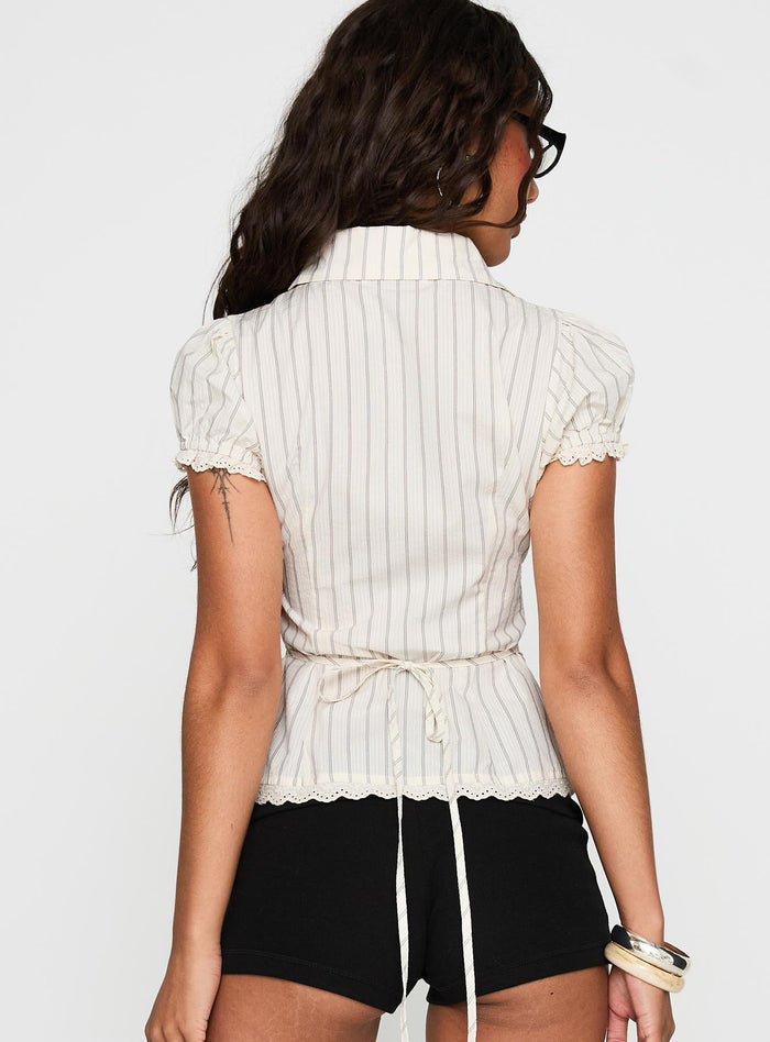 back view of model wearing Princess Polly Deserve You Puff Sleeve Button Front Top Cream Stripe Short Sleeves V-Neck