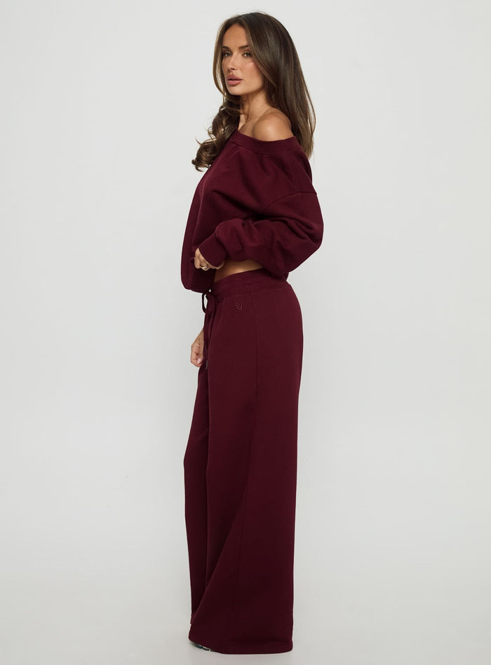side view of model wearing Princess Polly Dodie Wide Leg Pants Washed Currant Mid Rise Pants