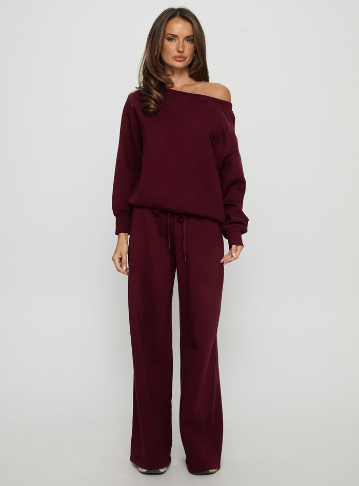front view of model wearing Princess Polly Dodie Wide Leg Pants Washed Currant Mid Rise Pants