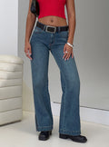 front view of model wearing Princess Polly Dog Days Mid Rise Straight Leg Jeans Dark Blue Wash Mid Rise Jeans
