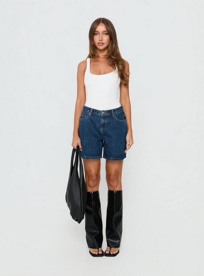 Dreamful Relaxed Longline Denim Shorts Mid Blue Wash