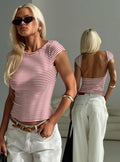 side view of model wearing Princess Polly Drives Me Crazy Backless Top Red Stripe Sleeveless Boat Neck