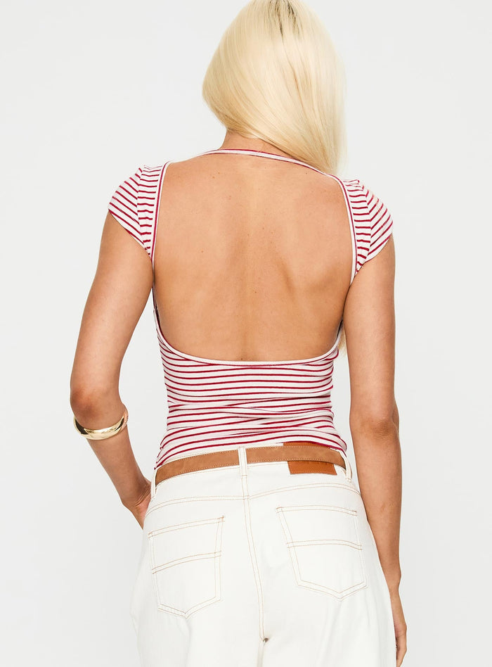 back view of model wearing Princess Polly Drives Me Crazy Backless Top Red Stripe Sleeveless Boat Neck