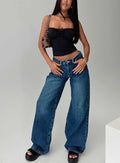 front view of model wearing Princess Polly Duster Oversized Jeans Dark Wash Mid Rise