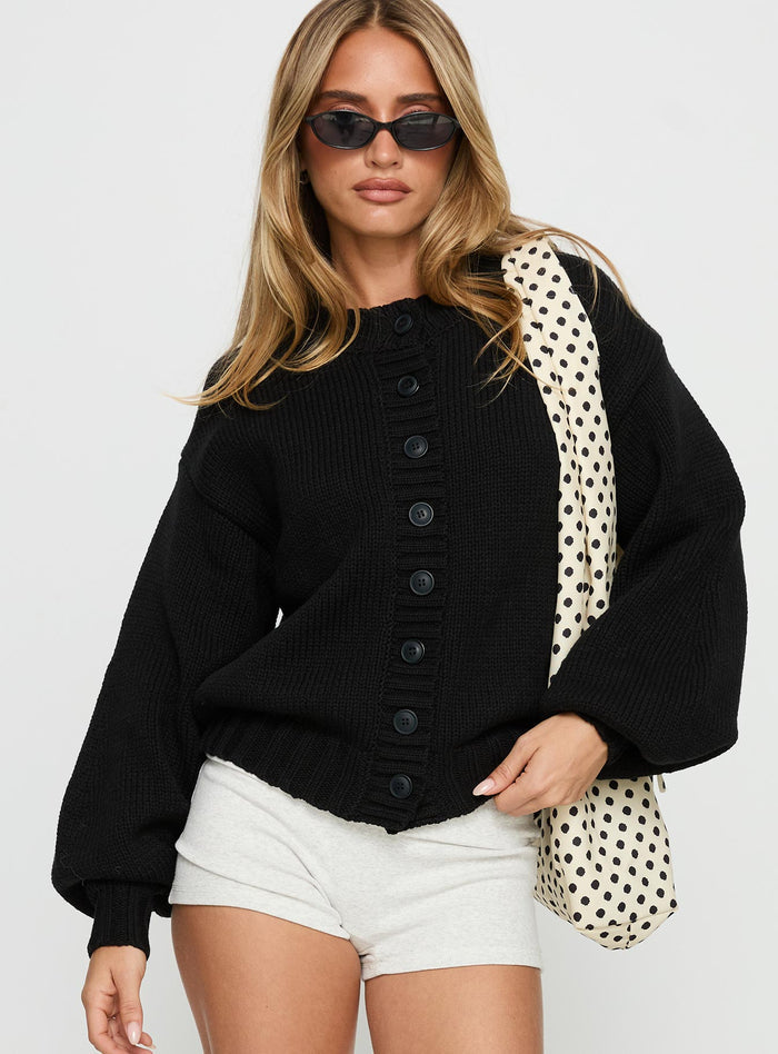 front view of model wearing Princess Polly Edern Cardigan Black Cropped Jumpers