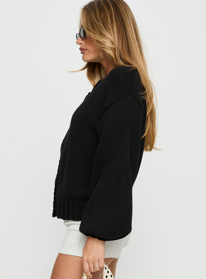 side view of model wearing Princess Polly Edern Cardigan Black Cropped Jumpers
