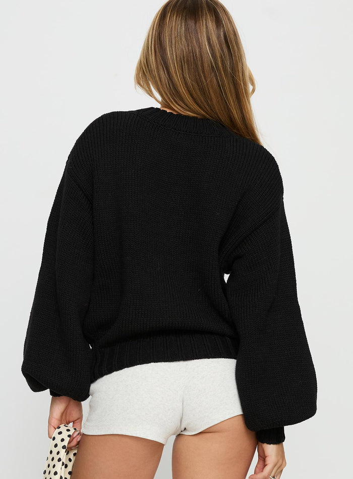 back view of model wearing Princess Polly Edern Cardigan Black Cropped Jumpers
