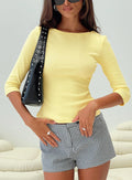 front view of model wearing Princess Polly Elaia 3/4 Sleeve Top Yellow Three Fourth Sleeves Crew Neck