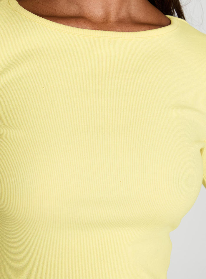 back view of model wearing Princess Polly Elaia 3/4 Sleeve Top Yellow Three Fourth Sleeves Crew Neck
