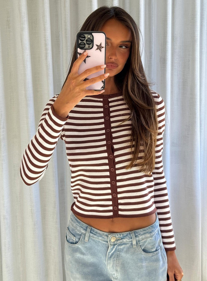 front view of model wearing Princess Polly Elcie Button Up Cardigan Brown Stripe Cropped Jumpers Jumpers