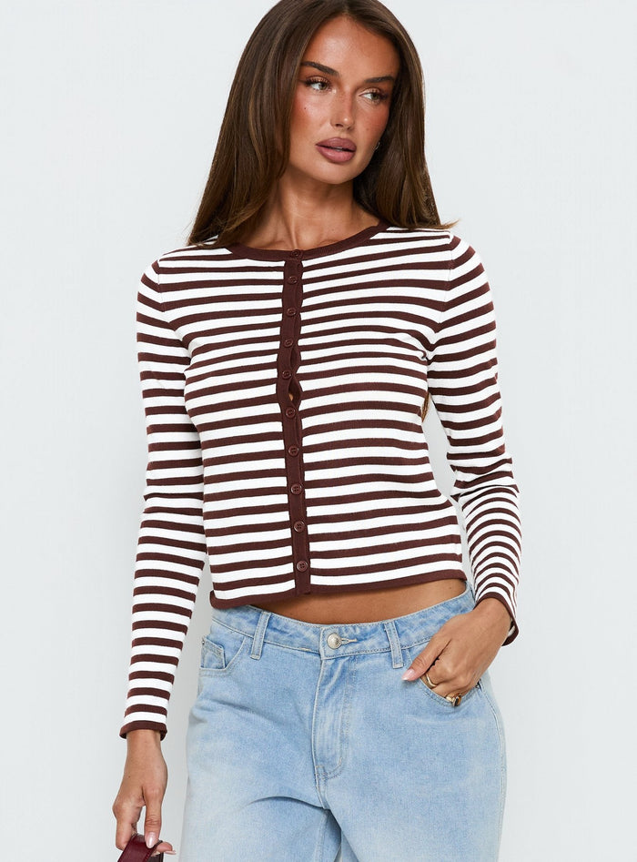 front view of model wearing Princess Polly Elcie Button Up Cardigan Brown Stripe Cropped Jumpers Jumpers