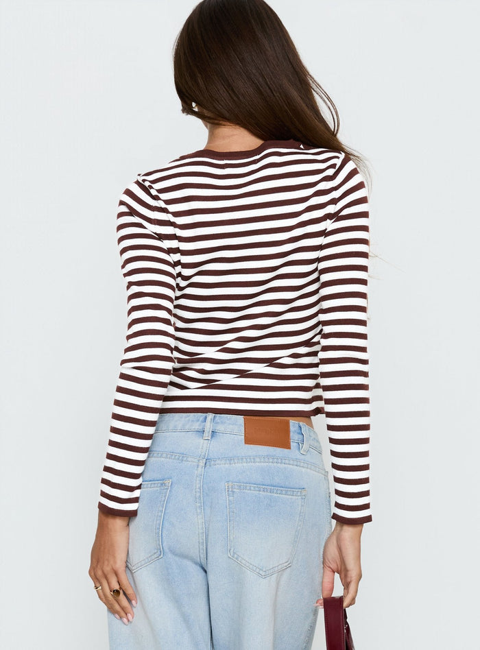 back view of model wearing Princess Polly Elcie Button Up Cardigan Brown Stripe Cropped Jumpers Jumpers