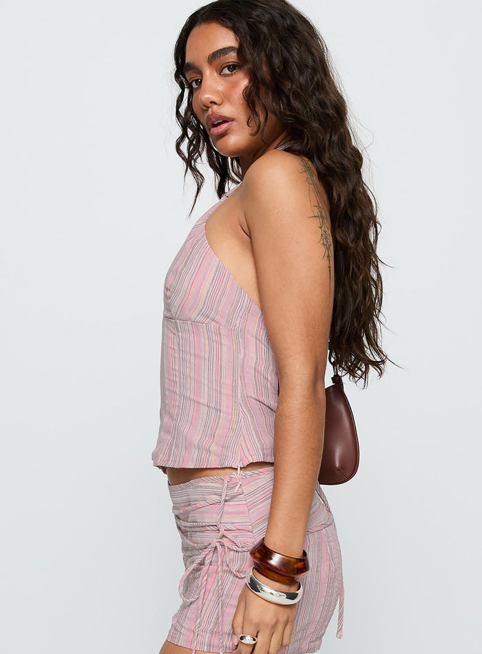 side view of model wearing Princess Polly Electric Night Halter Tie Back Top Pink Stripe Sleeveless Plunger