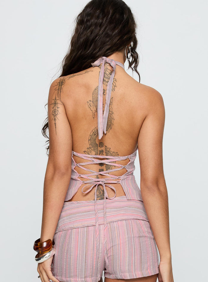 back view of model wearing Princess Polly Electric Night Halter Tie Back Top Pink Stripe Sleeveless Plunger