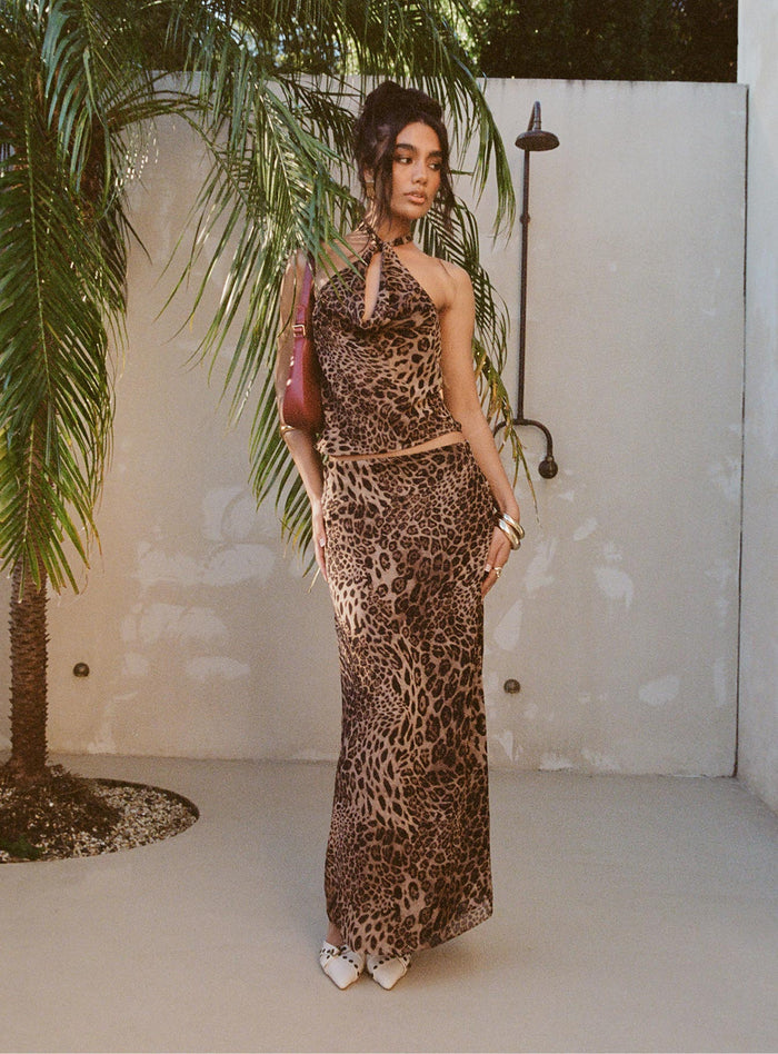side view of model wearing Princess Polly Eleganza Top Leopard Sleeveless High Neck