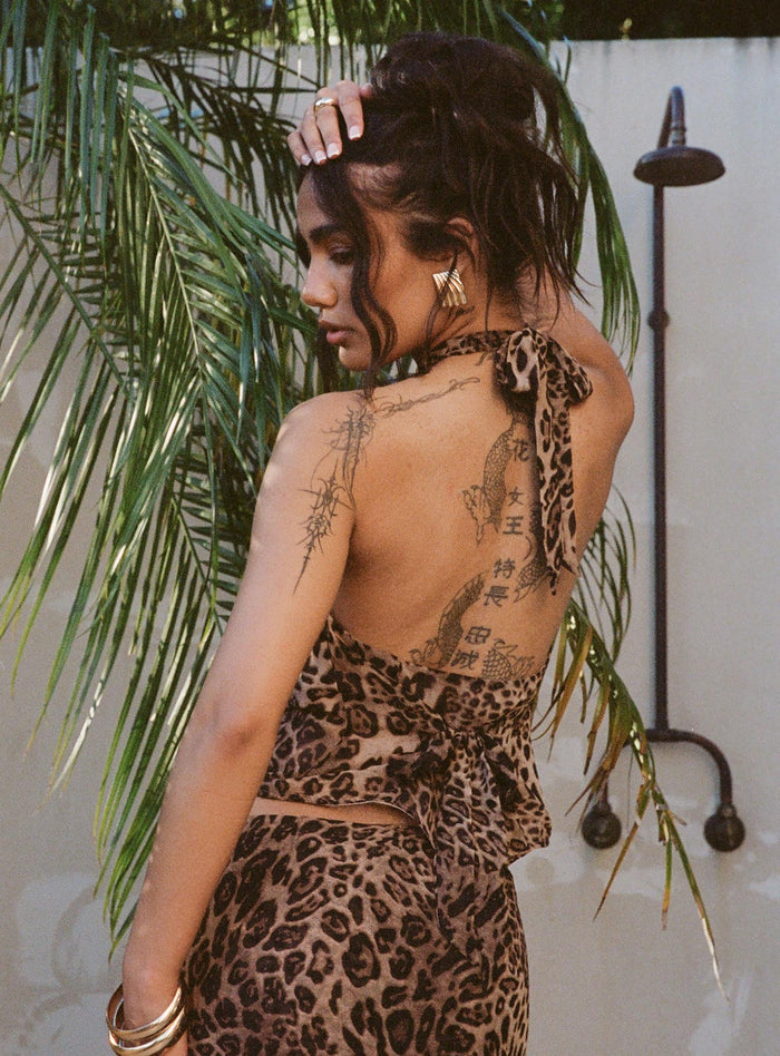 back view of model wearing Princess Polly Eleganza Top Leopard Sleeveless High Neck