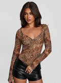 back view of model wearing Princess Polly Elixia Long Sleeve Bodysuit Leopard Long Sleeve Tops