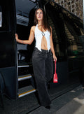 front view of model wearing Princess Polly Ellanor Low Rise Slouch Denim Jean Washed Black Low Rise Jeans