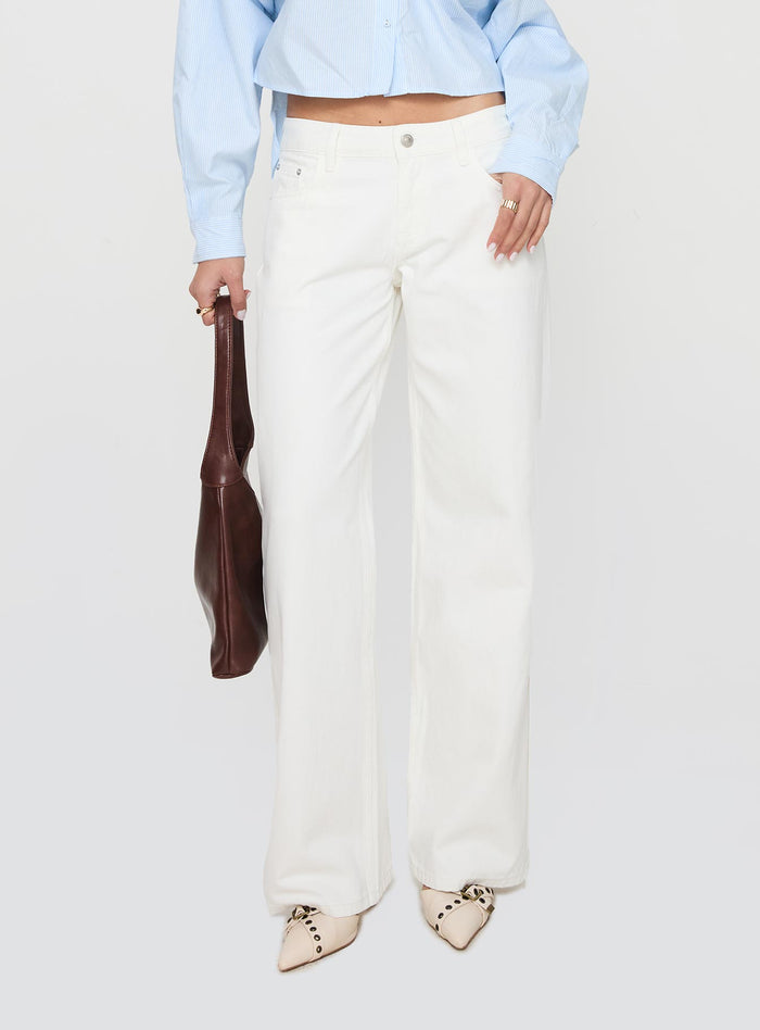 back view of model wearing Princess Polly Ellanor Low Rise Straight Leg Jeans White Mid Rise Jeans