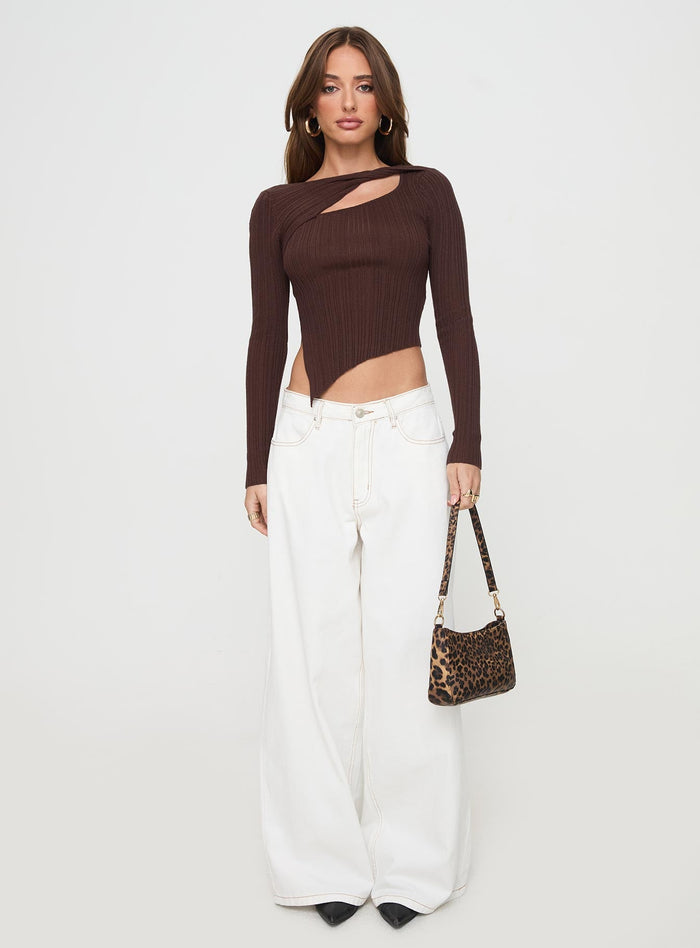 front view of model wearing Princess Polly Ellara Long Sleeve Top Brown Full Sleeves Crew Neck
