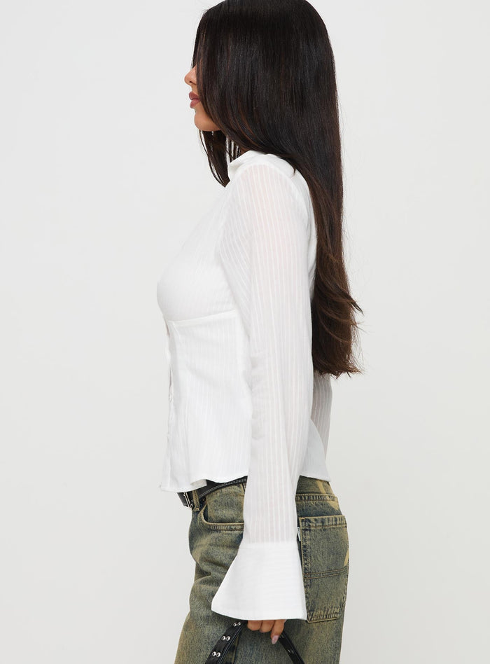 side view of model wearing Princess Polly Elowenn Long Sleeve Top White Full Sleeves V-Neck