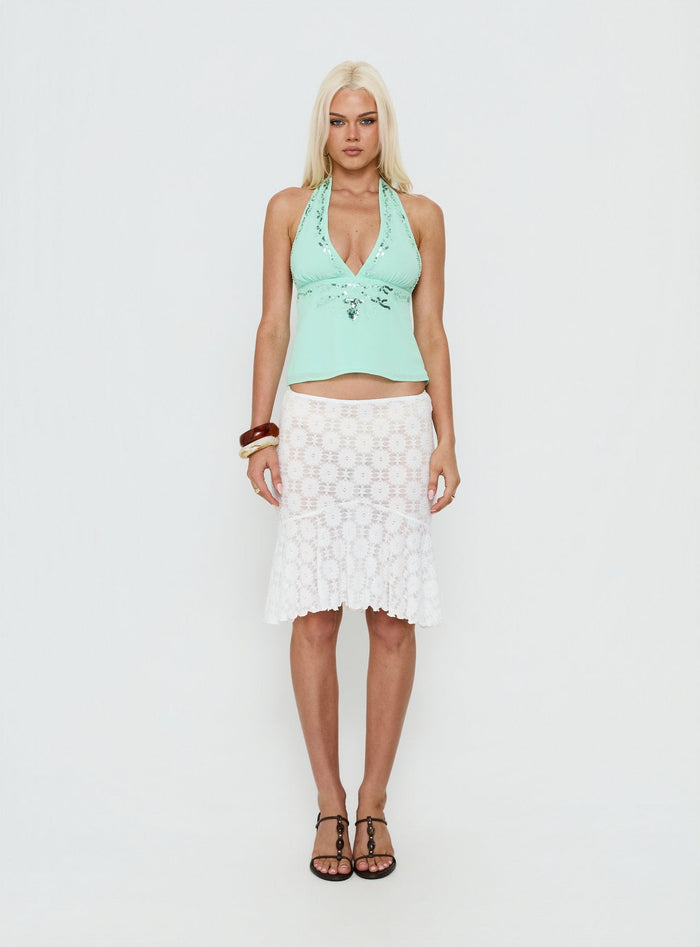 side view of model wearing Princess Polly Elphie Sheer Lace Midi Skirt White