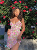 side view of model wearing Princess Polly Emilee Mini Dress Pink Floral Sweetheart Neckline