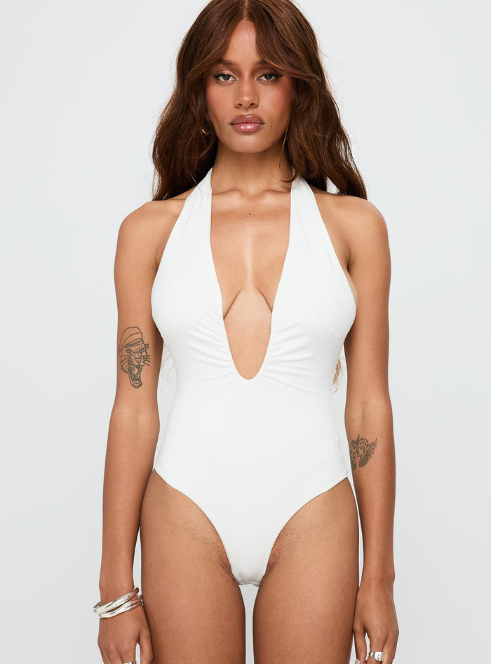front view of model wearing Princess Polly Emmalyne Plunge Neck Bodysuit White Sleeveless