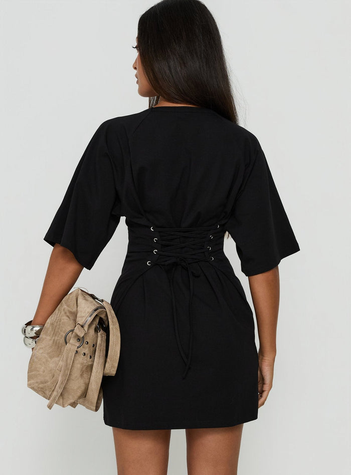Enzia Raglan Lace Up Mini Dress Black