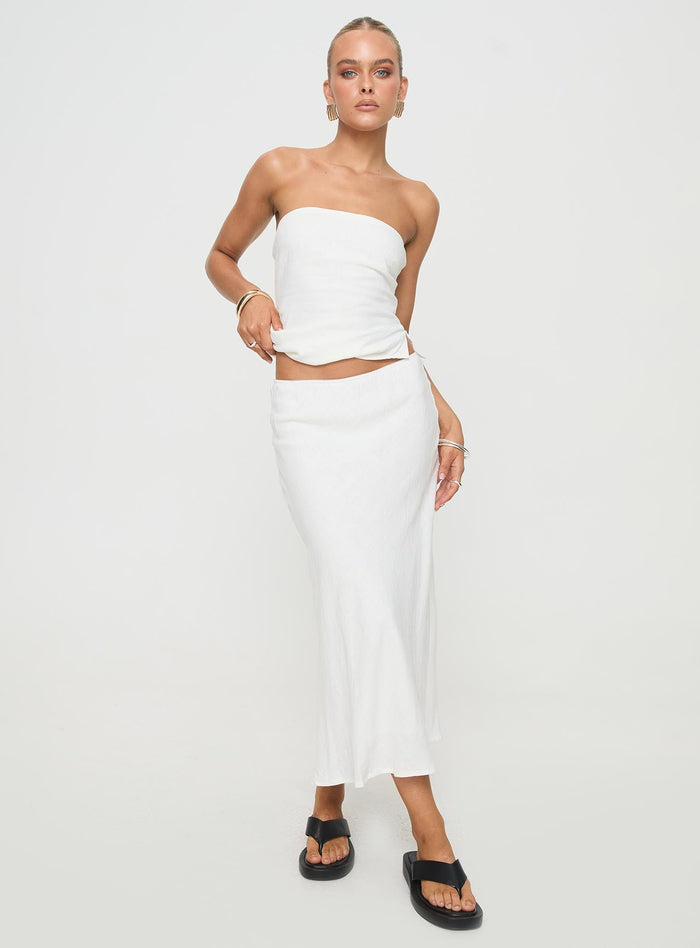 front view of model wearing Princess Polly Ermias Linen Blend Midi Skirt White Midi Skirts