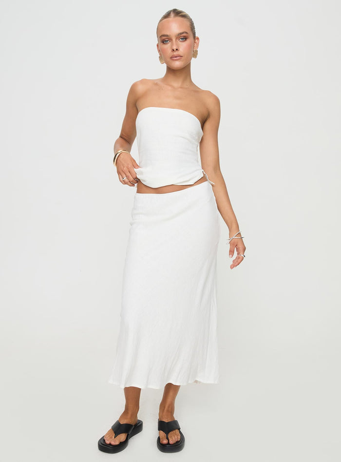 front view of model wearing Princess Polly Ermias Linen Blend Midi Skirt White Midi Skirts