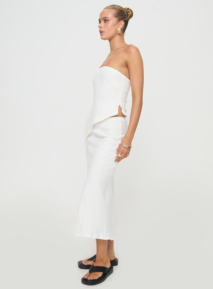 side view of model wearing Princess Polly Ermias Linen Blend Midi Skirt White Midi Skirts