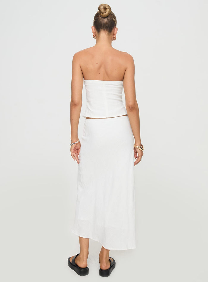 back view of model wearing Princess Polly Ermias Linen Blend Midi Skirt White Midi Skirts