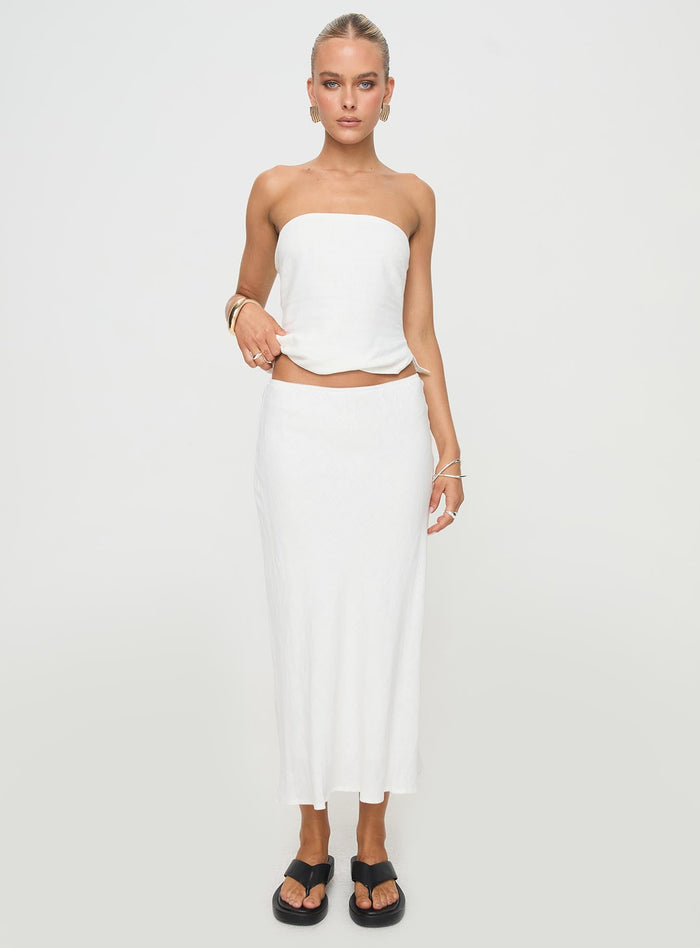 front view of model wearing Princess Polly Ermias Linen Blend Midi Skirt White Midi Skirts
