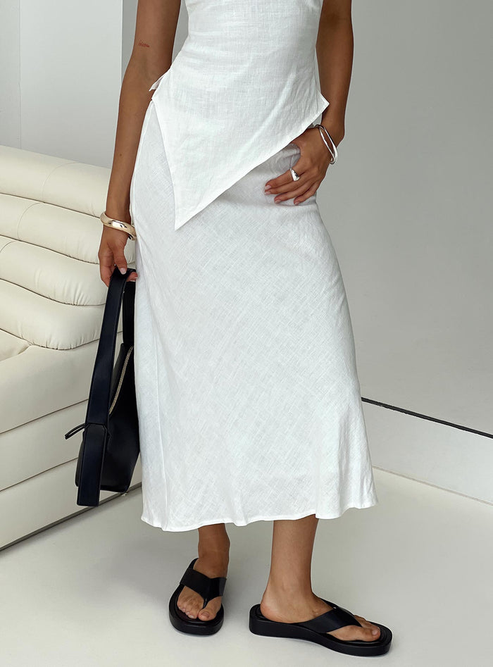 back view of model wearing Princess Polly Ermias Linen Blend Midi Skirt White Midi Skirts
