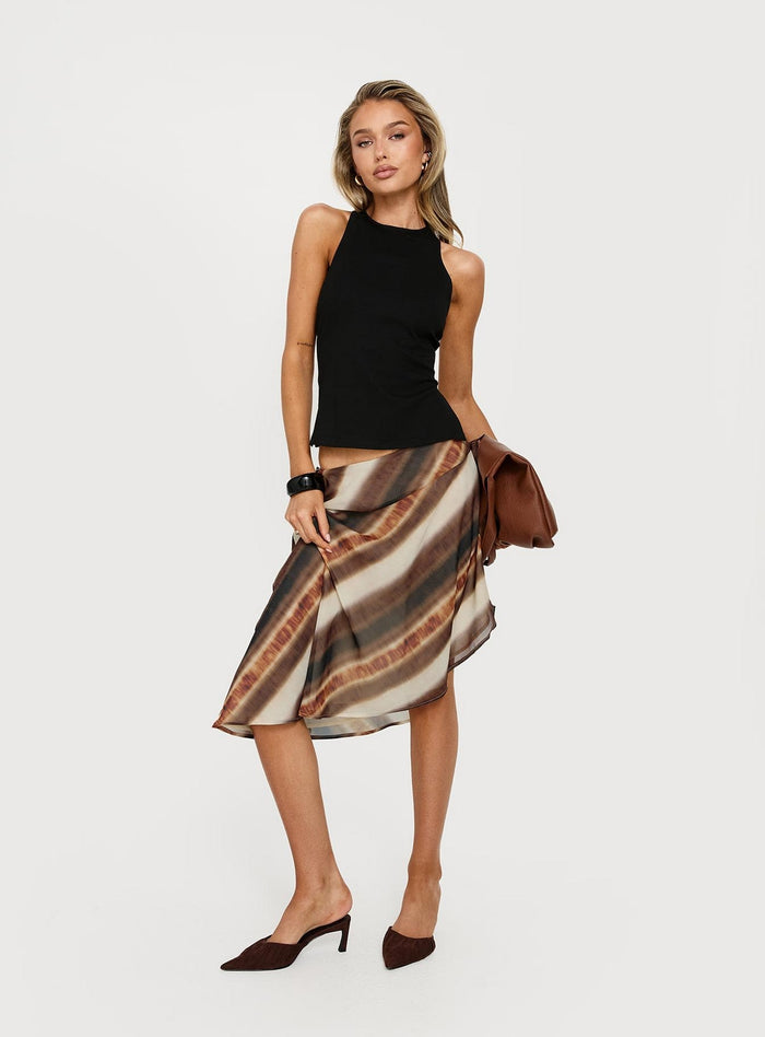front view of model wearing Princess Polly Esmira Asymmetrical Midi Skirt Brown Stripe Midi Skirts Skirts