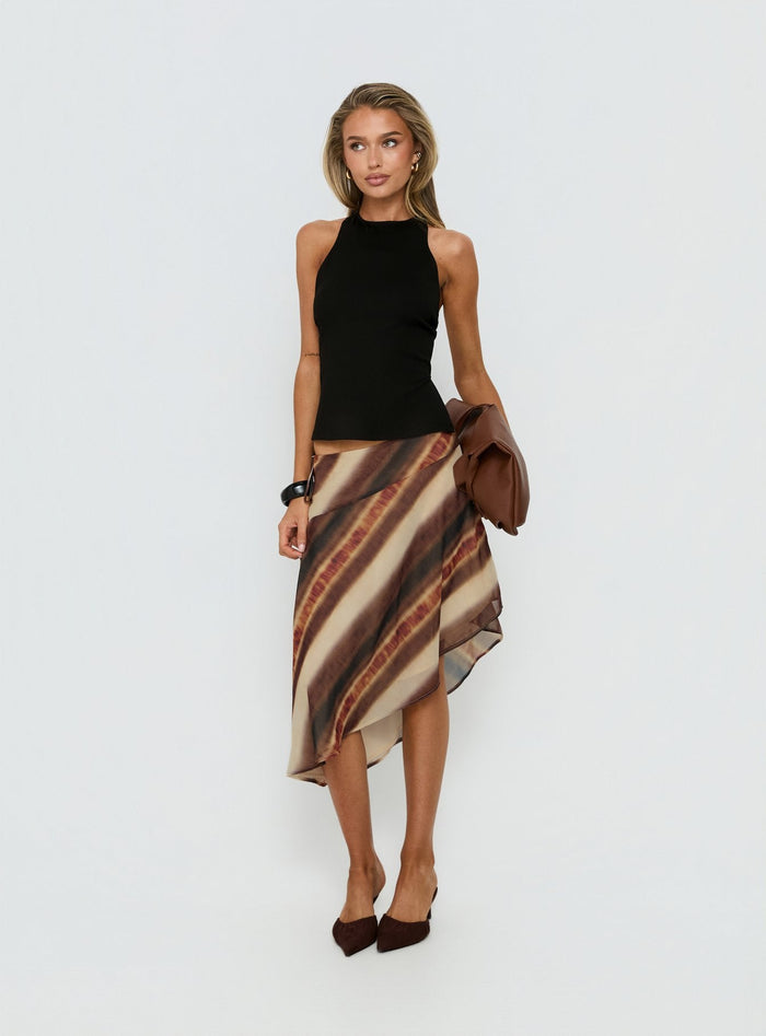 front view of model wearing Princess Polly Esmira Asymmetrical Midi Skirt Brown Stripe Midi Skirts Skirts
