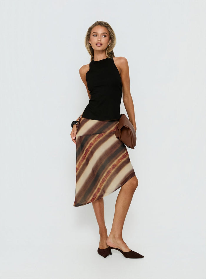 side view of model wearing Princess Polly Esmira Asymmetrical Midi Skirt Brown Stripe Midi Skirts Skirts