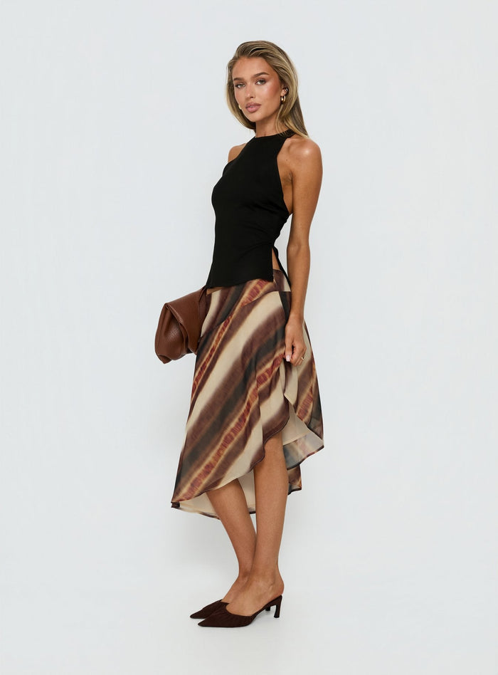 side view of model wearing Princess Polly Esmira Asymmetrical Midi Skirt Brown Stripe Midi Skirts Skirts